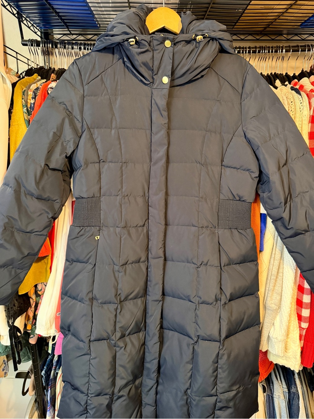 Cole Haan Slate Blue Quilted Long Puffer Coat with Hood - Picture 4 of 13
